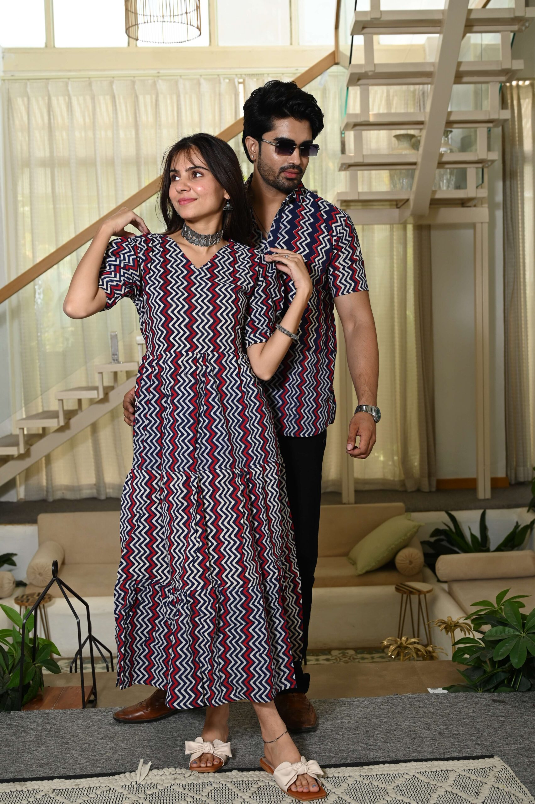 Couple Matching Navy Blue & Red Zigzag Cotton Anarkali Midi Dress and Shirt Set